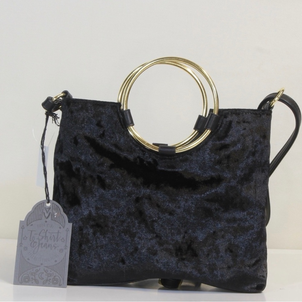 New Black Velvet Handbag with Handle Gold Accents Fashion Bag